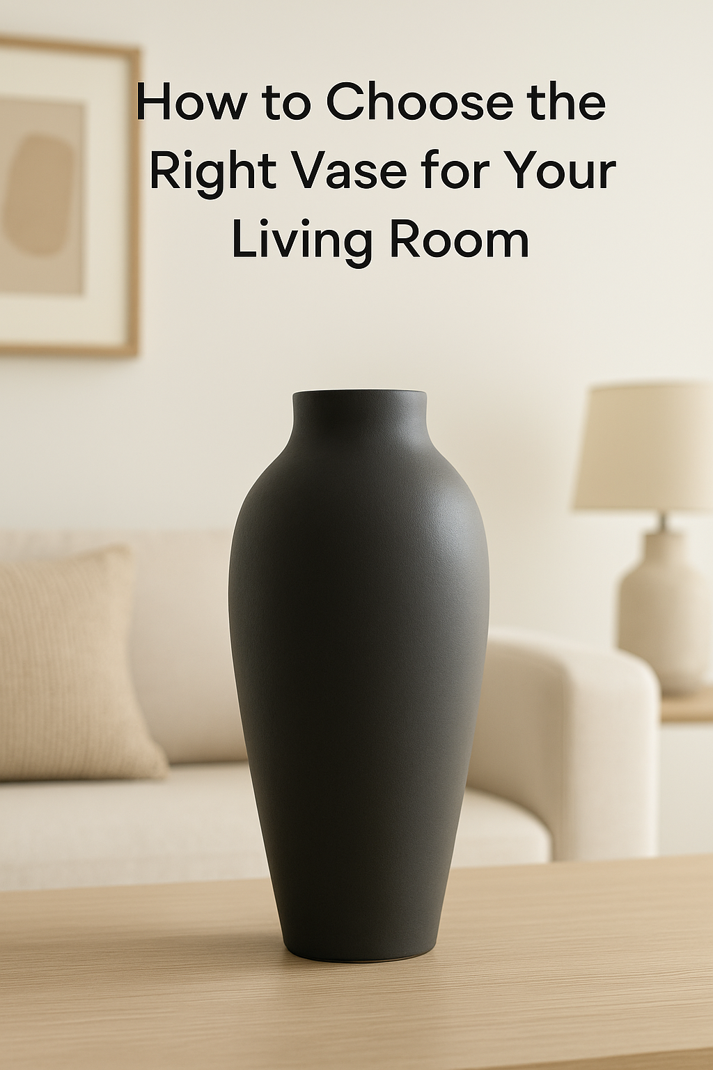 A minimal black matte vase placed on a wooden table in a modern beige living room, used for the Aura Works blog on choosing the right vase for your home.