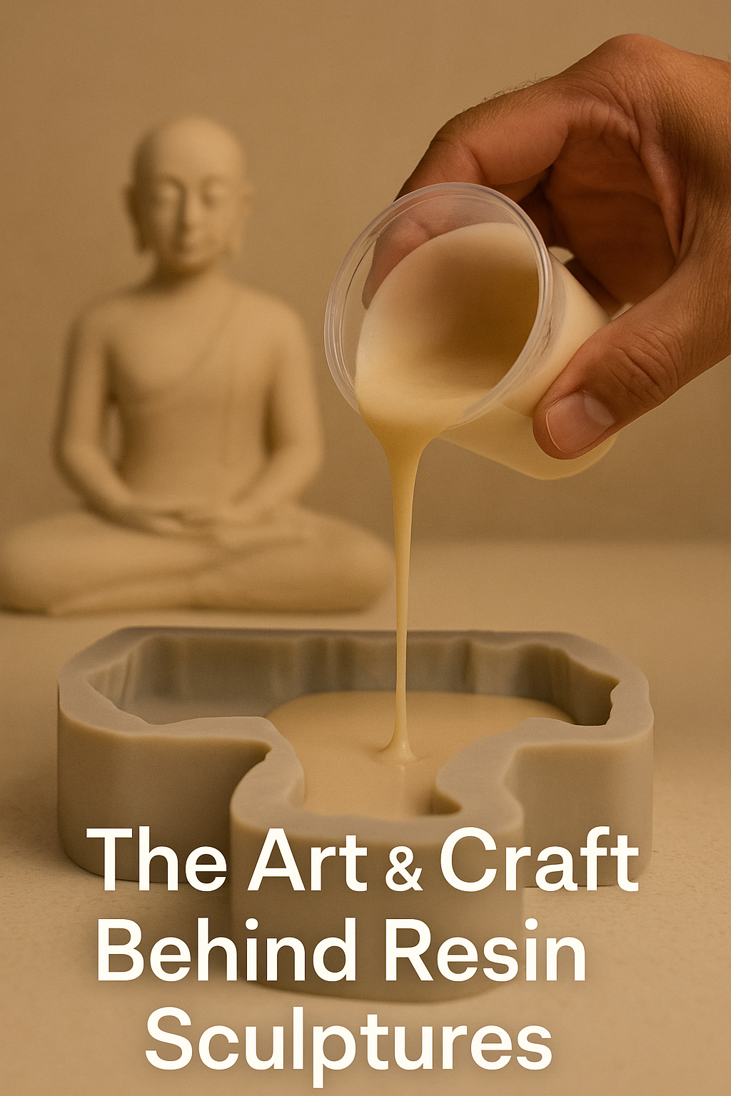 An artisan at Aura Works pours beige resin into a silicone mold with a serene Buddha sculpture in the background — representing the handcrafted process behind modern resin art and decor.
