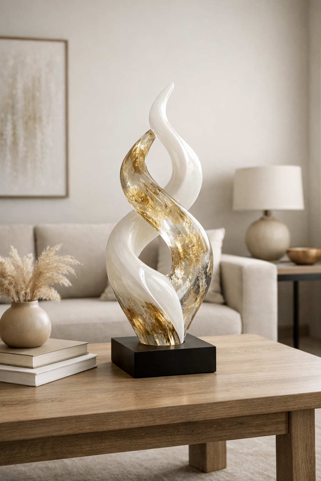 Modern resin art home decor sculpture in a contemporary living room