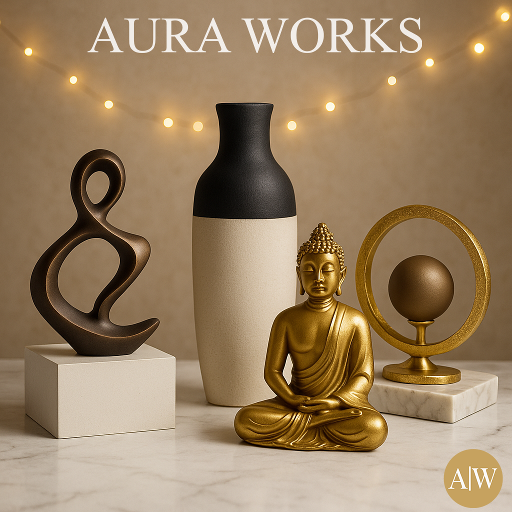 Premium New Year home décor display featuring a modern abstract sculpture, two-tone ceramic vase, golden Buddha statue, and luxury circular sculpture on a marble surface by Aura Works