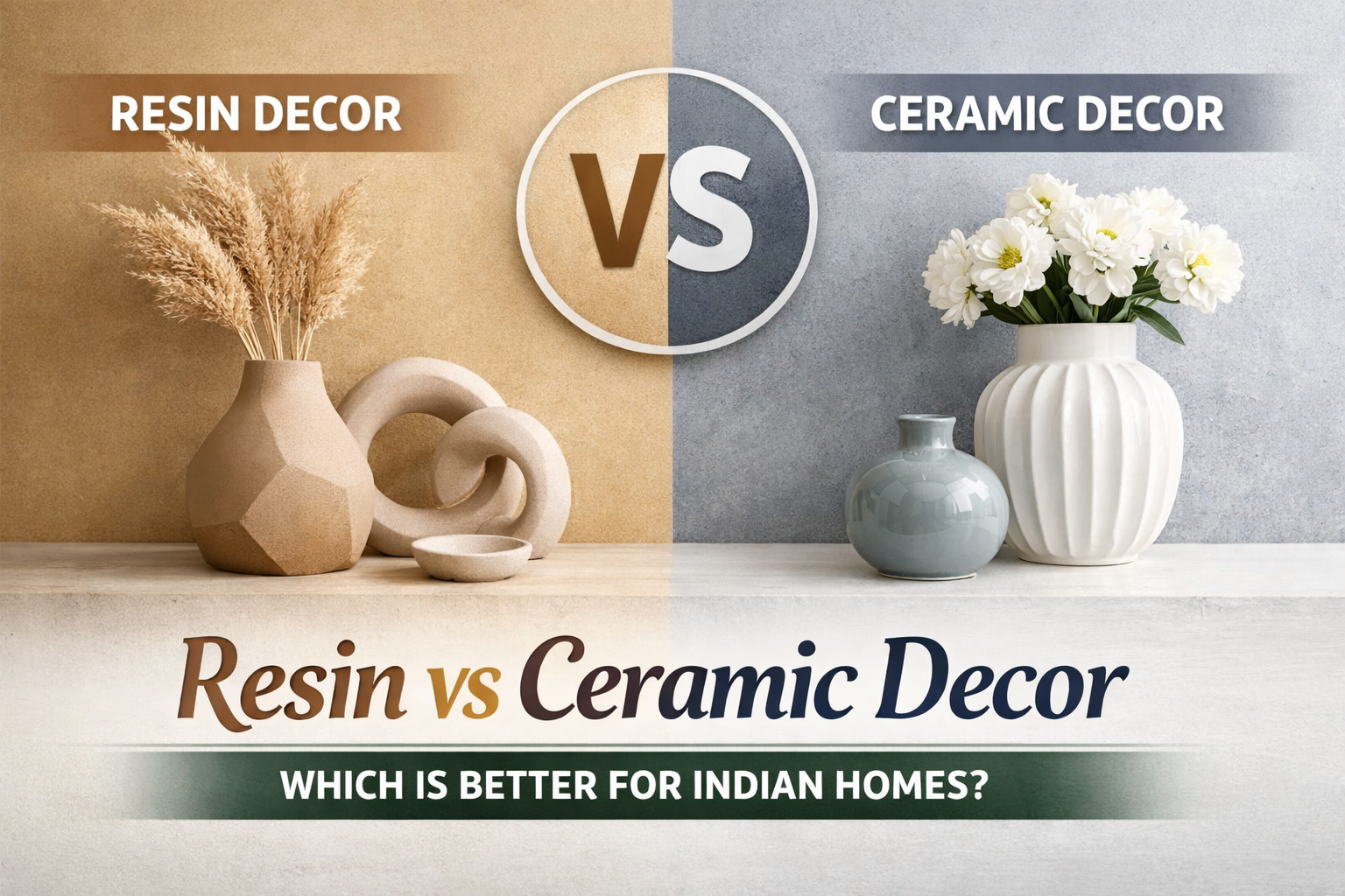 Resin vs ceramic decor comparison showing modern resin vases and glossy ceramic decor for Indian homes