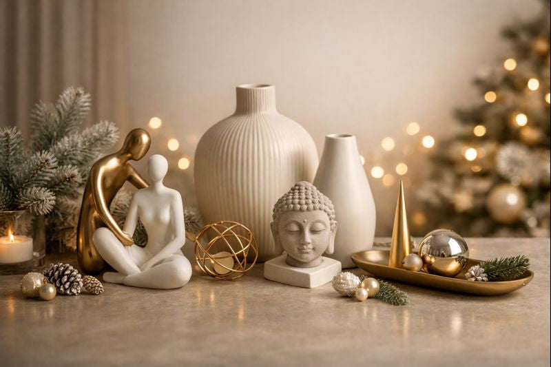 Premium Christmas home décor gifts with modern sculptures and neutral-toned vases in an elegant festive setting by Aura Works