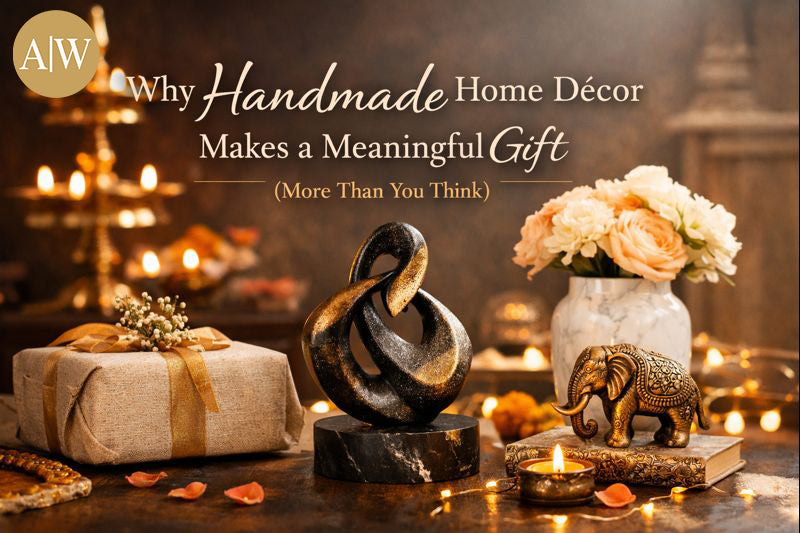 andmade home décor gift setup featuring a premium abstract resin sculpture, marble vase with flowers, and festive Indian décor, styled for meaningful gifting in modern Indian homes.