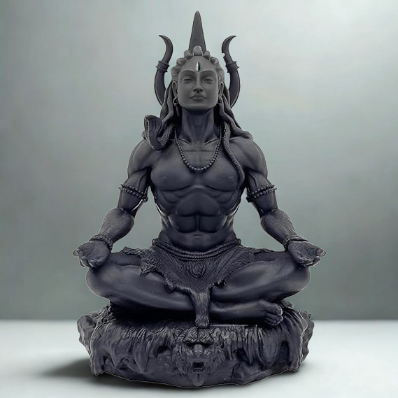 Premium handcrafted meditating Lord Shiva idol in black stone finish, seated on a lion-faced base, symbolizing peace, strength, and spiritual energy — available at AuraWorks.in
