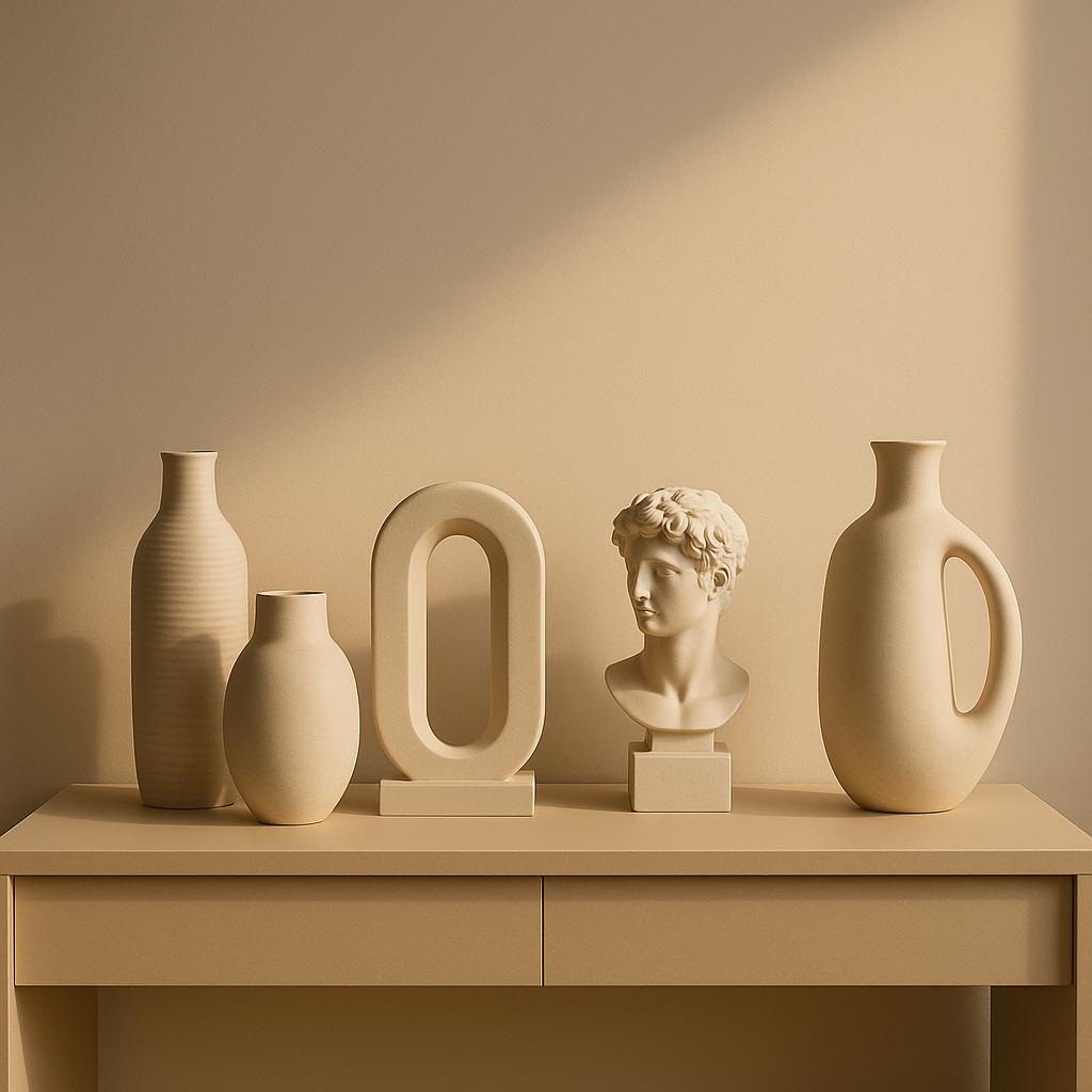 Minimal beige home interior featuring modern ceramic vases, an abstract sculpture, and a classical bust displayed on a console table with soft warm lighting. Aura works