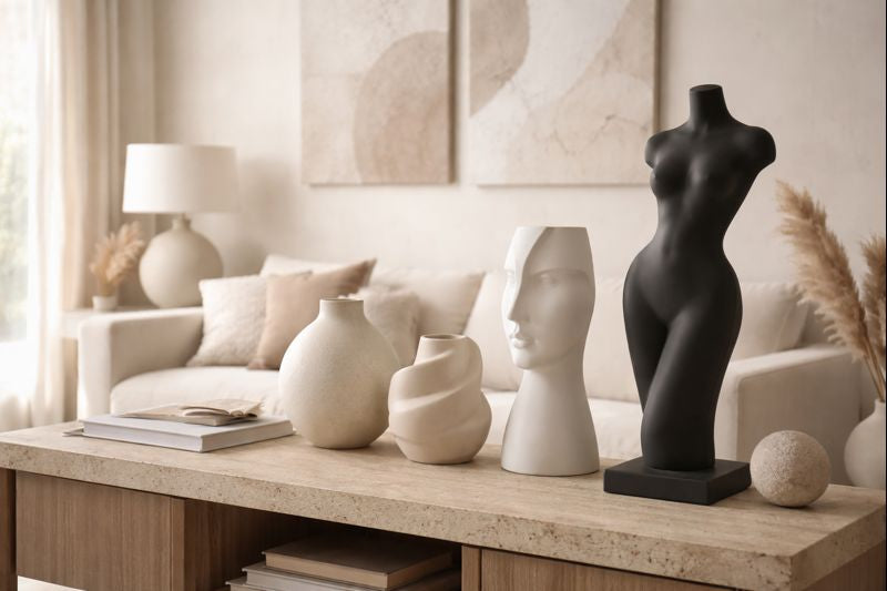 Modern minimalist home décor with artistic sculptures and neutral vases in a premium Indian living room