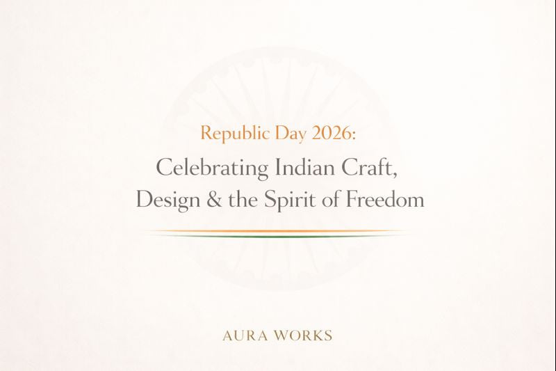 Aura Works Republic Day 2026 minimalist graphic celebrating Indian craft and design.