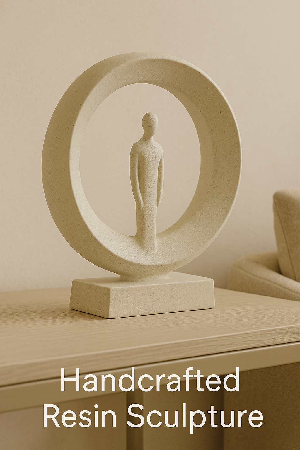 Handcrafted resin sculpture on a wooden console in a minimalist beige living room, modern home decor by Aura Works.