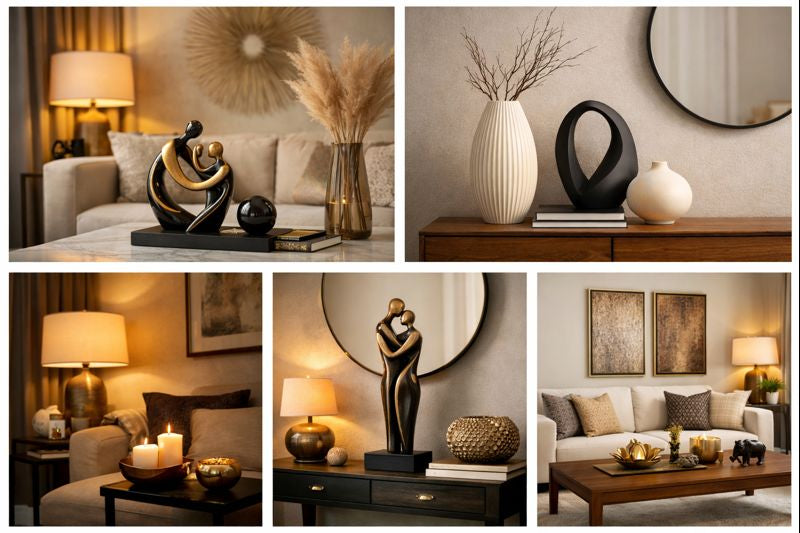 Premium living room décor with abstract sculpture and minimalist styling for an elegant home look