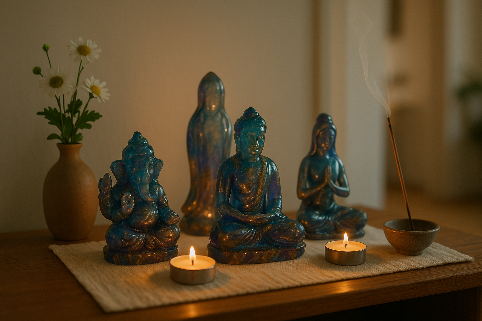Small home altar setup using handcrafted resin sculptures of Ganesha, Buddha, and meditating figures, with tealight candles, incense, and flower vase on a wooden table. Auraworks