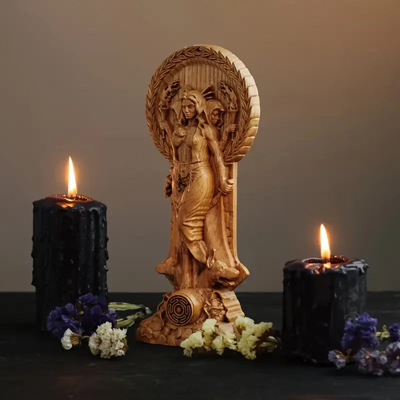 Wooden statue of a deity between two lit candles on a dark surface with  flowers. auraworks Decor