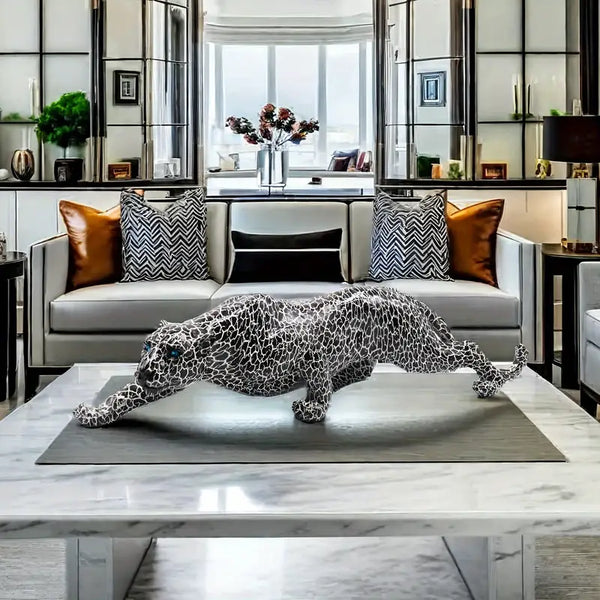 Decorative leopard sculpture on a white surface with a modern interior  background decor auraworks