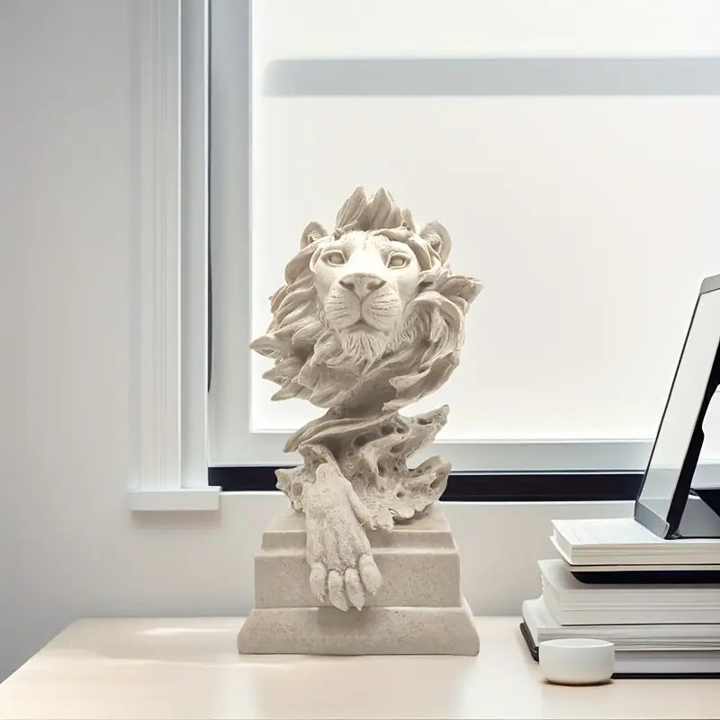 Decorative lion head sculpture on a shelf with books auraworks decor