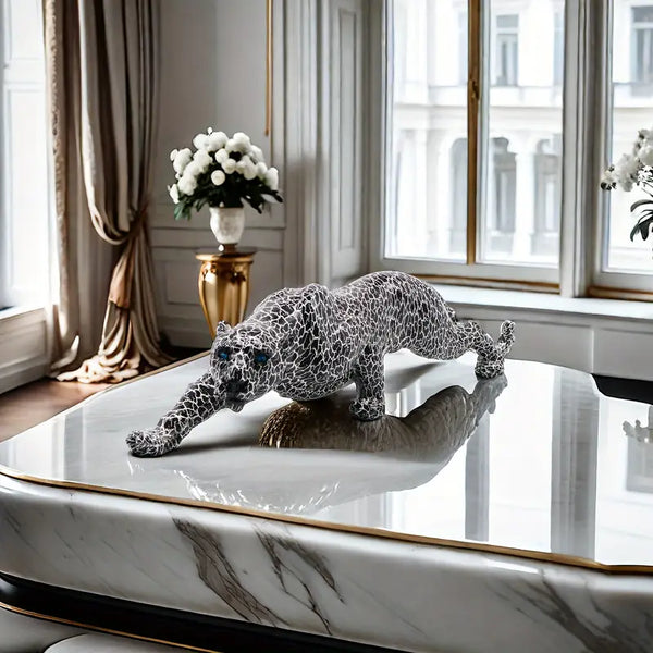 Decorative leopard sculpture on a white surface with a modern interior  background decor auraworks