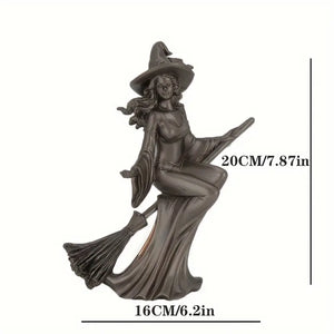 Statue of a witch on a broom with dimensions labeled decor aura works