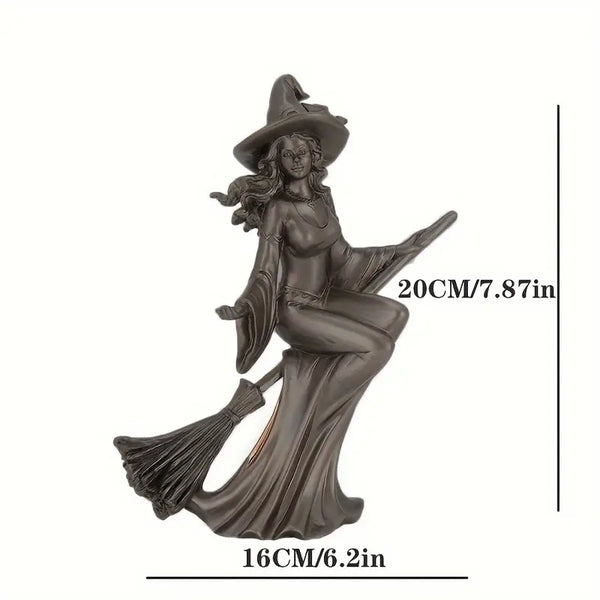 Statue of a witch on a broom with dimensions labeled decor aura works