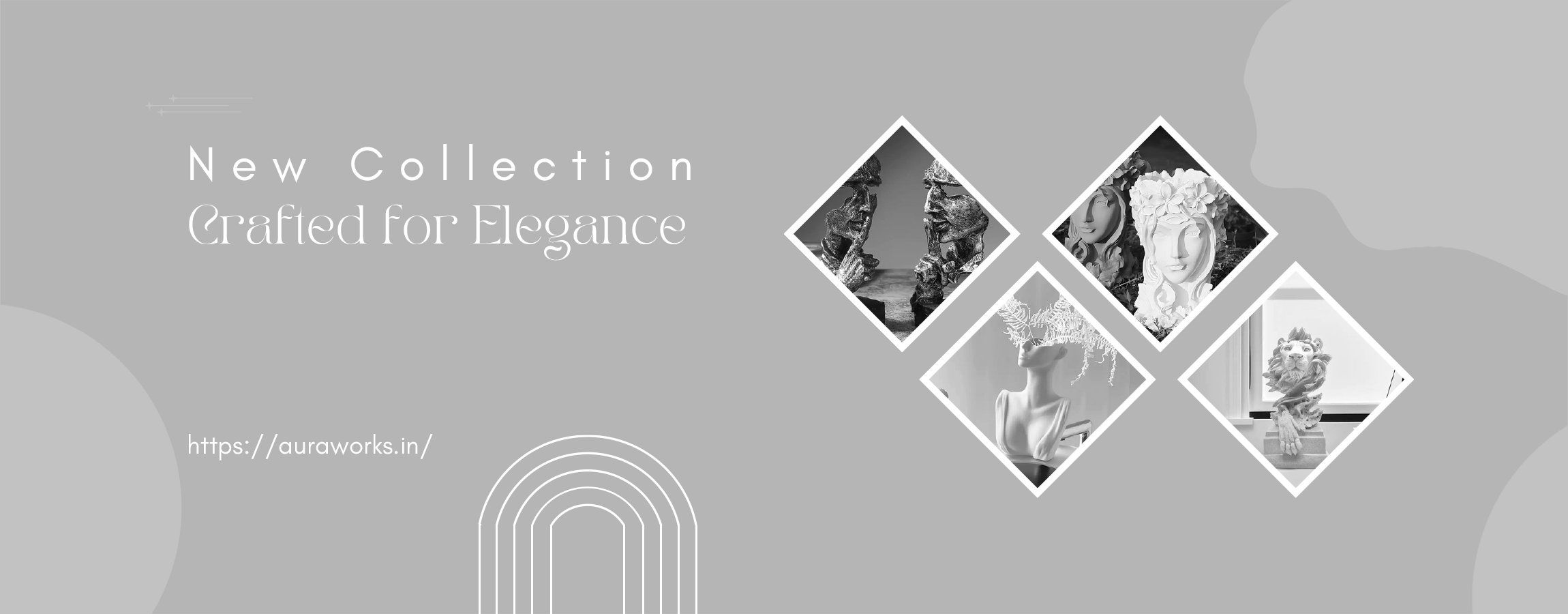 Promotional banner for a new collection with decorative items on a gray background.