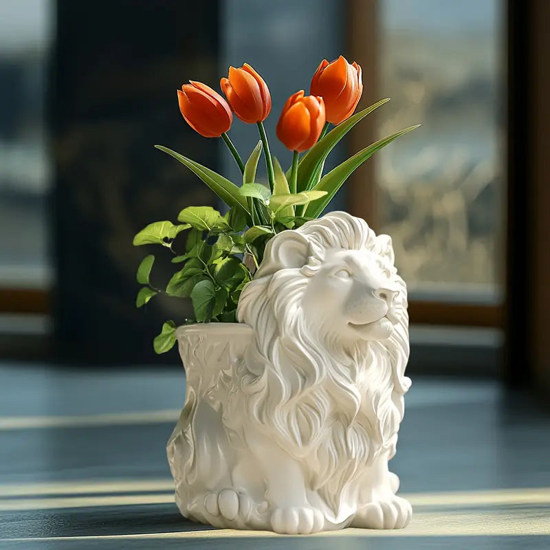White lion-shaped planter with a plant on a textured surface auraworks pot vase 