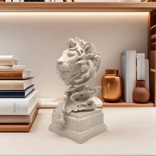 Lion head sculpture on a shelf with books and decorative vases  decor aura works