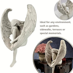 Winged Grace Angel statue in white resin, sitting elegant spiritual home decor. Auraworks 