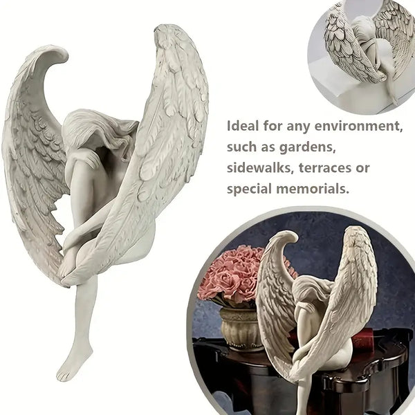 Winged Grace Angel statue in white resin, sitting elegant spiritual home decor. Auraworks 