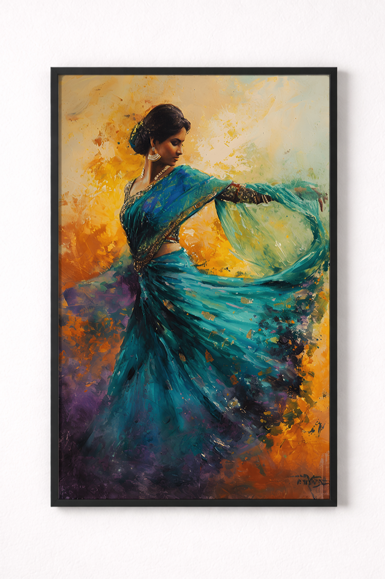 Framed painting of a woman in a blue saree against an orange and yellow background