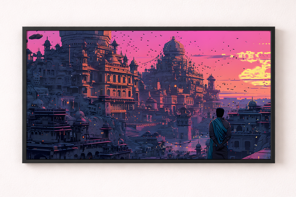 Framed artwork of a futuristic cityscape with a person observing it.