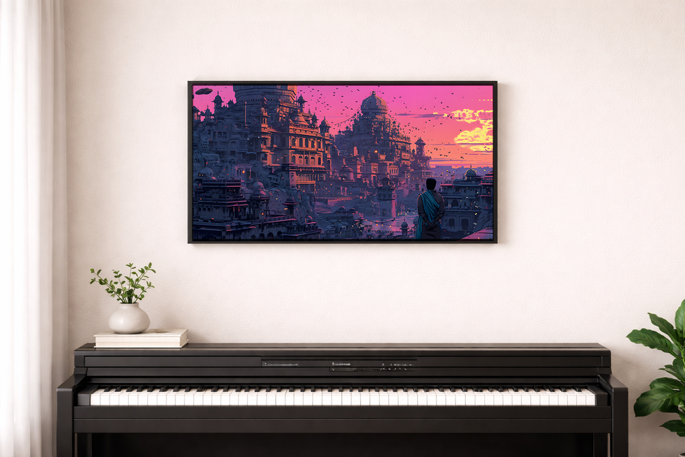 Framed artwork of a futuristic cityscape with a person observing it.