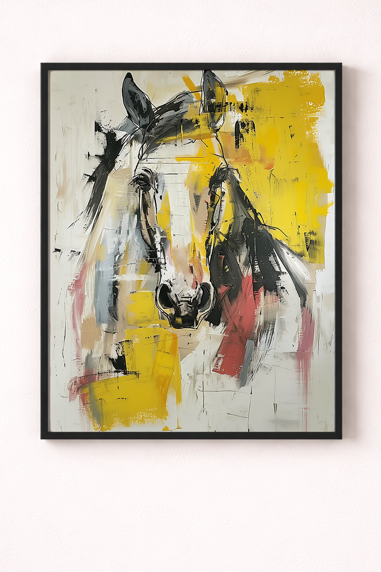 Abstract art print of a horse with yellow and black colors on a white background