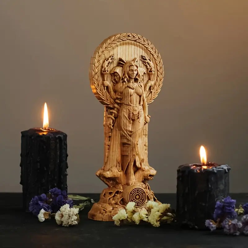 Wooden statue of a deity between two lit candles on a dark surface with  flowers. auraworks Decor