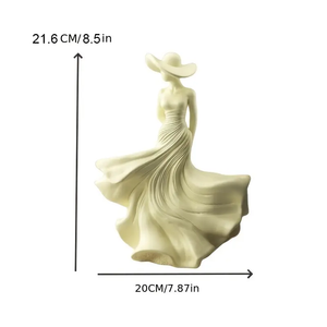 Decorative figure of a woman in a flowing dress with measurements on a white background