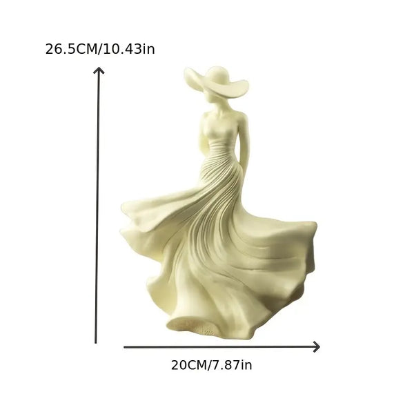 Decorative figure of a woman in a flowing dress with measurements on a white background