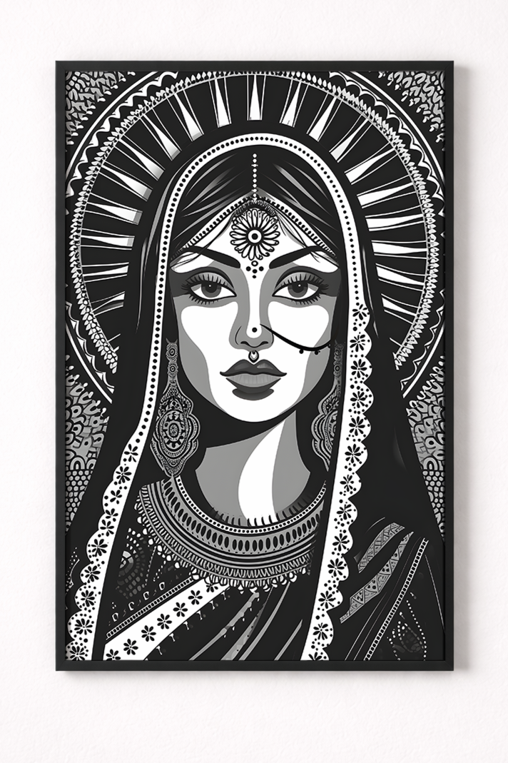 Black and white illustration of a woman with decorative headpiece on a white background