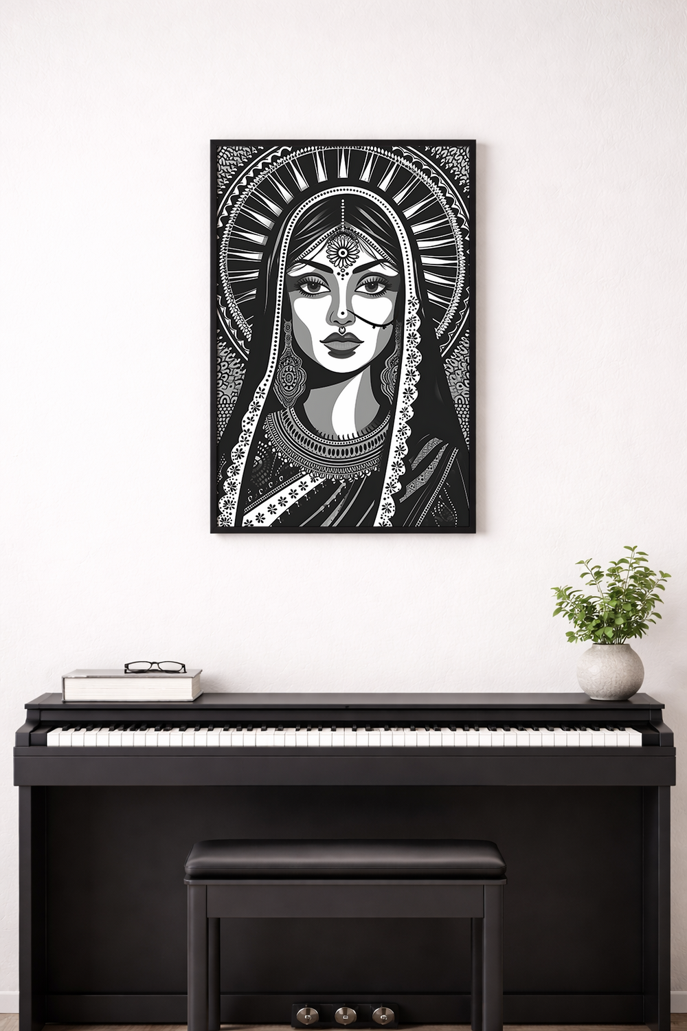 Black and white illustration of a woman with decorative headpiece on a white background