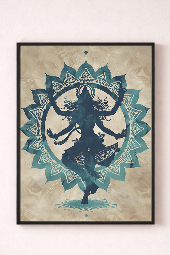 Framed artwork of a stylized figure with a mandala design on a textured beige background