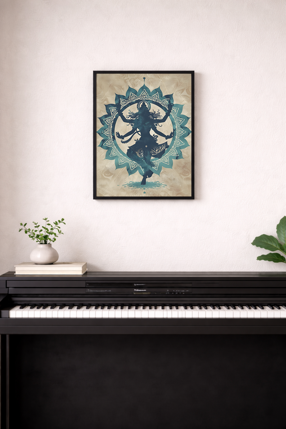 Framed artwork of a stylized figure with a mandala design on a textured beige background