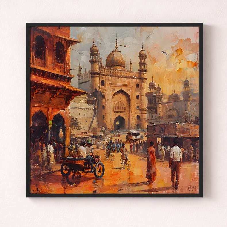 Framed painting of a bustling street scene with a large architectural structure in the background.
