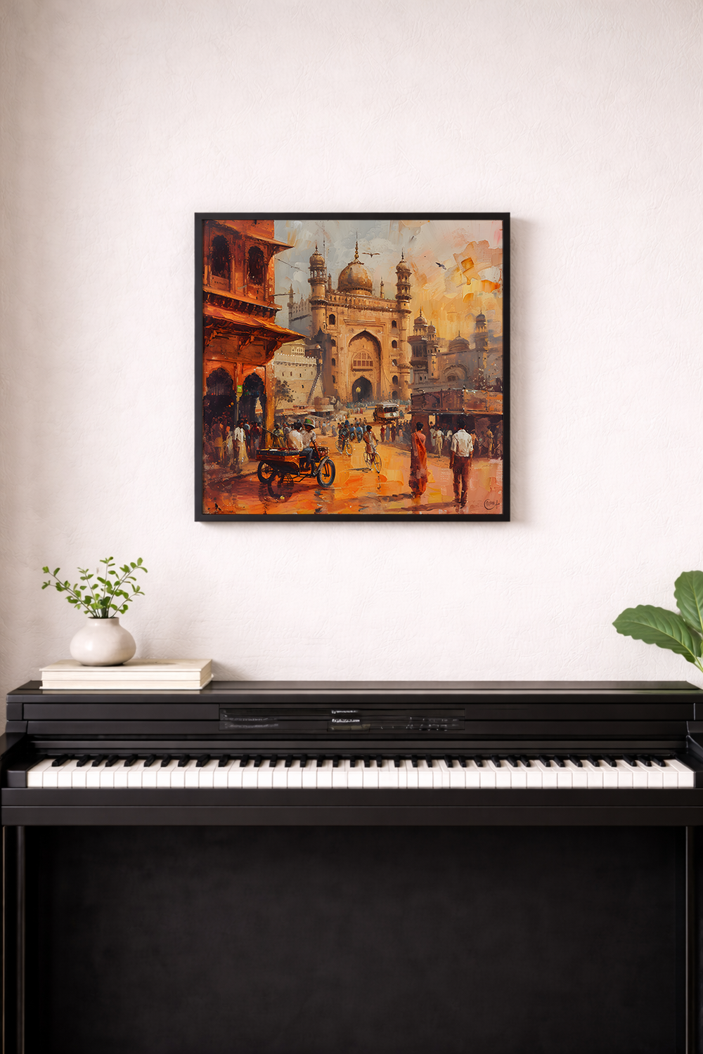 Framed painting of a bustling street scene with a large architectural structure in the background.