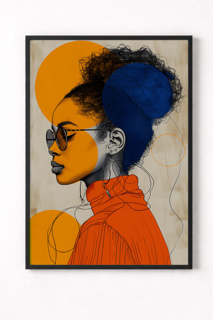 Framed artwork of a stylized portrait with a person wearing sunglasses and an orange outfit, set against a white background.