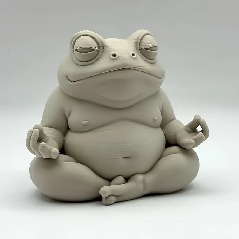 Ceramic frog sculpture in a meditative pose on a white background