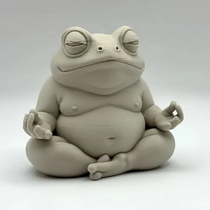 Ceramic frog sculpture in a meditative pose on a white background
