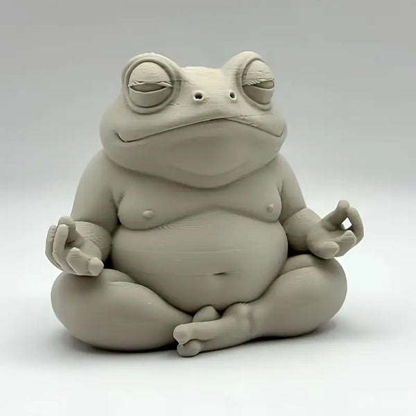 Ceramic frog sculpture in a meditative pose on a white background