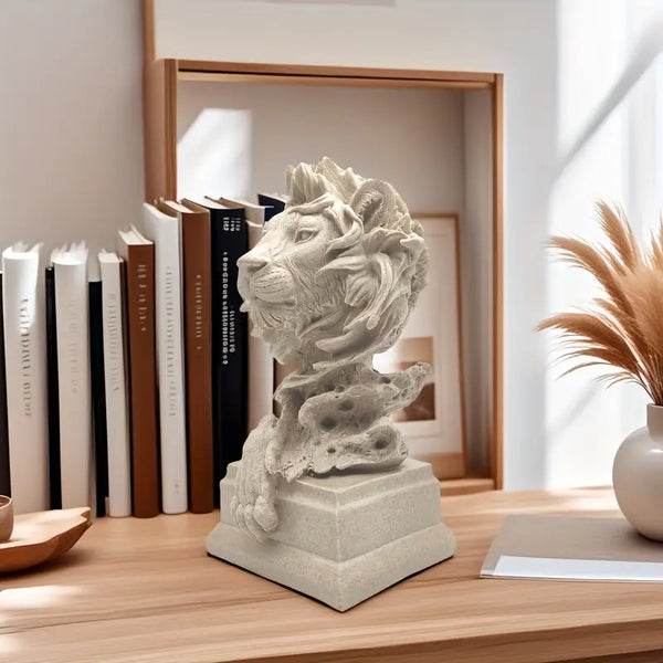 Decorative lion statue on a wooden surface with books and a vase in the background  decor aura works