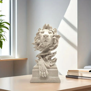 Decorative lion head sculpture on a table with a light background  decor aura works