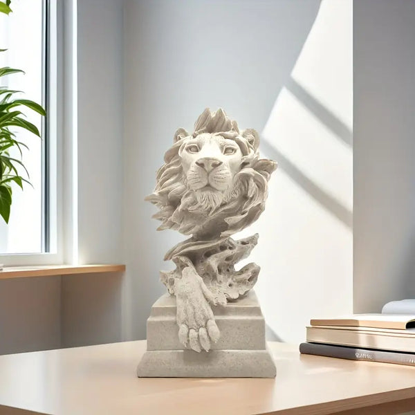 Decorative lion head sculpture on a table with a light background  decor aura works