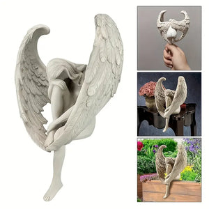 Collage of angel statue with various uses including wall mounting, garden placement, and decorative use. decor auraworks