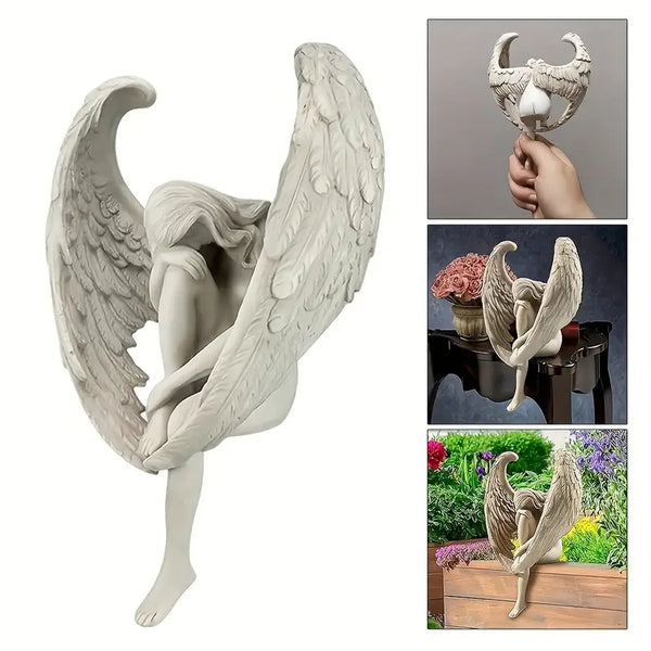 Collage of angel statue with various uses including wall mounting, garden placement, and decorative use. decor auraworks