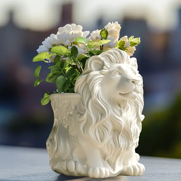 White lion-shaped vase with flowers against a blurred background vase auraworks