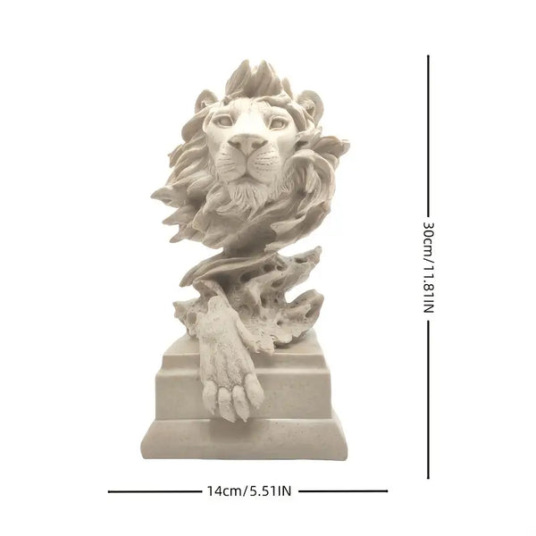 White stone lion head sculpture with measurements on a white background  decor aura works