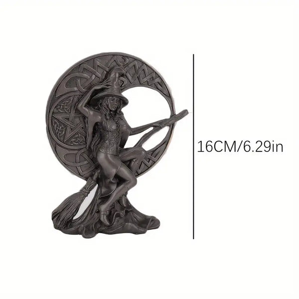 Statue of a witch on a broom with Celtic knot design, size 16CM/6.29in. decor aura works